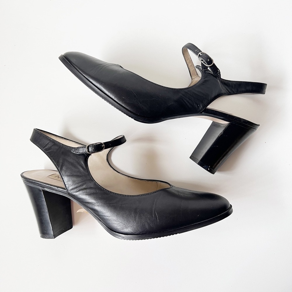 Vintage Mary Jane Slingback Heels Black Leather Block Heel Round Toe 90s Size 8 - Picture 5 of 10
